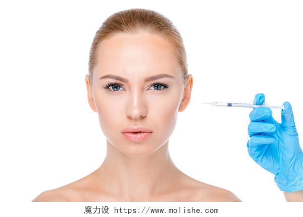 在女性皮肤上注射肉毒杆菌素的图像面部整形整容美容面部抗衰